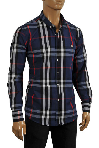 BURBERRY Men's Button Up Dress Shirt In Navy Blue #139 - Click Image to Close