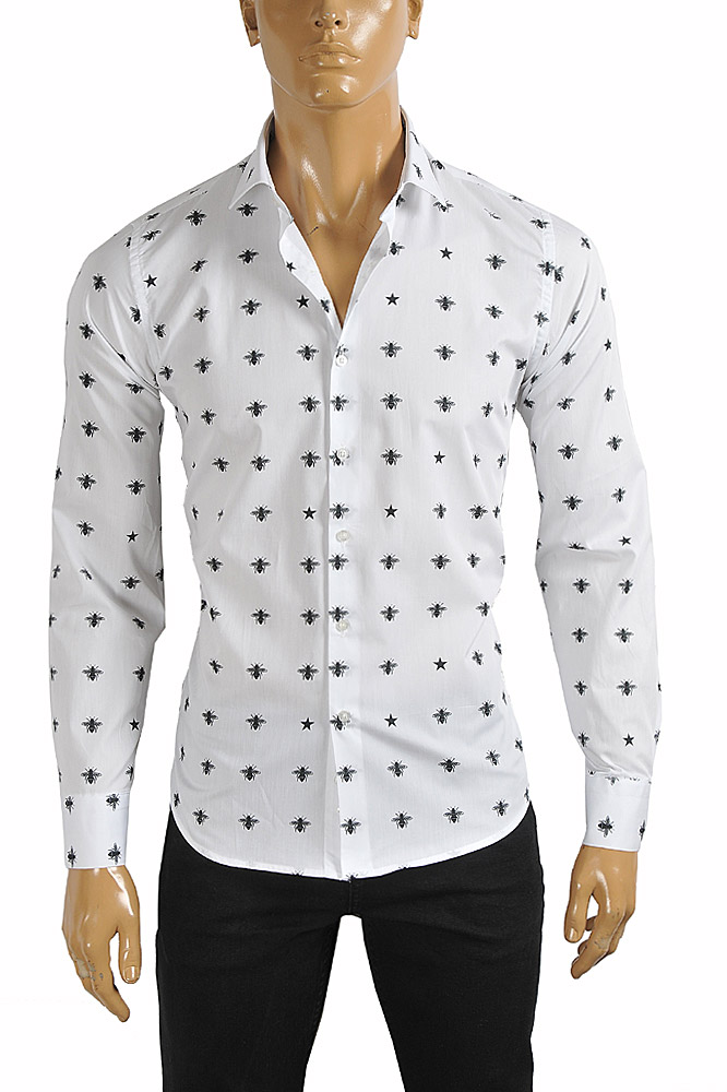 GUCCI Men's Dress shirt with bee print in white color 392
